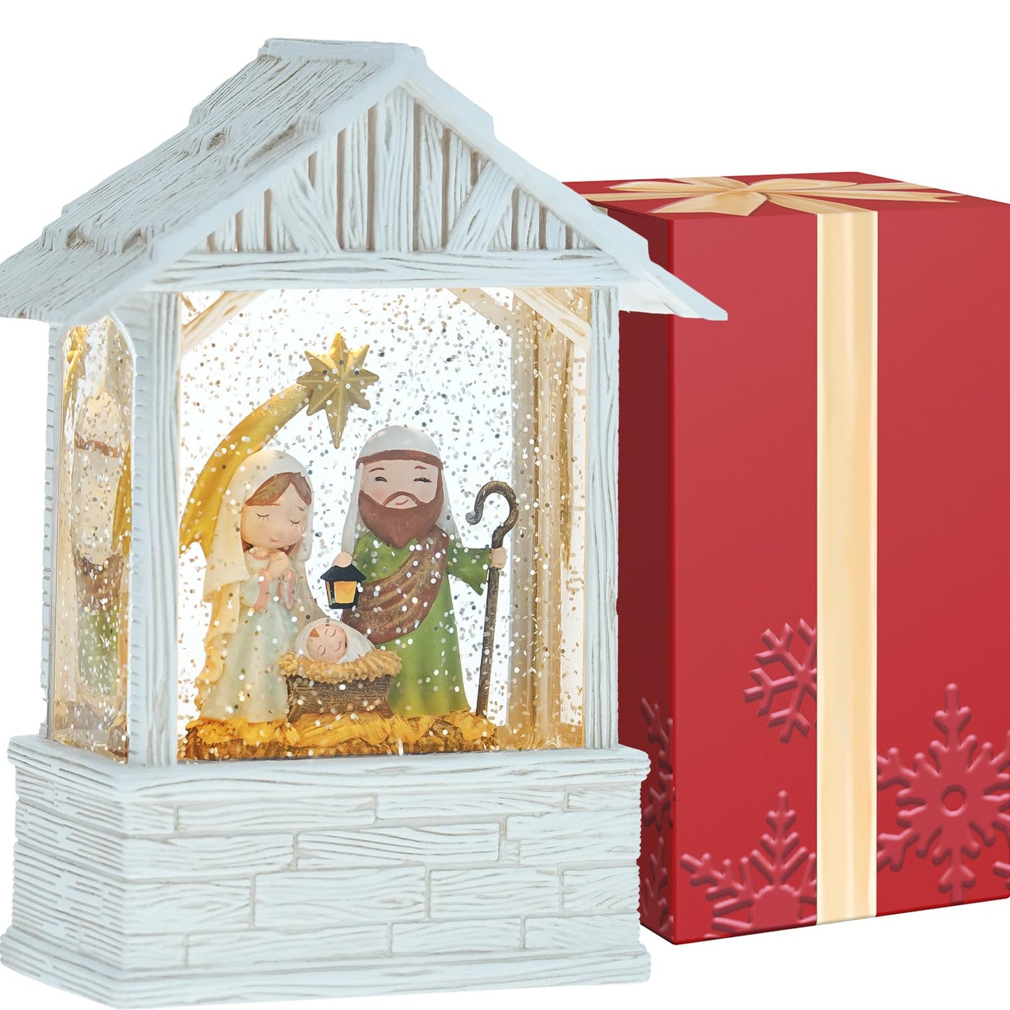 Nativity Christmas Snow Globes, Light up Snow Globe Christmas with Music, Nativity Scene Snow Globe Lantern Indoor Home Decor, 8" Christmas Glitter Snow Globes with Timer, USB Cord & Battery Operated