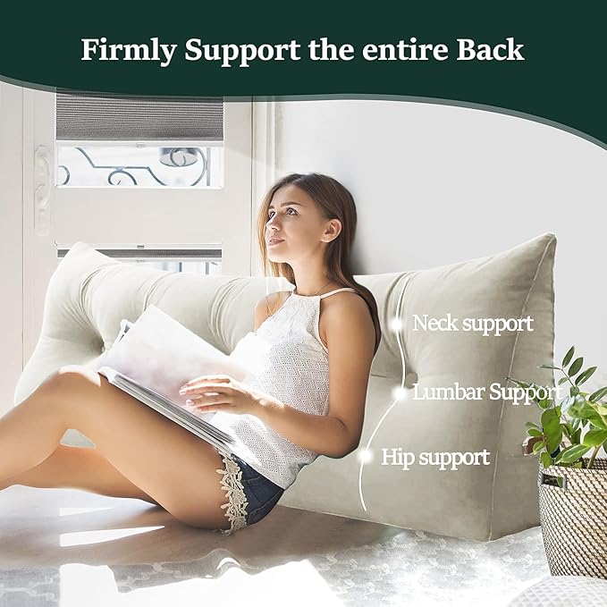 Bed Wedge Headboard Pillow - College Dorm Reading Pillow Back Support While Sitting in Bed - Ergonomic Lumbar Pillow Body Positioning Bed Pillow - Velvet Beige 59IN
