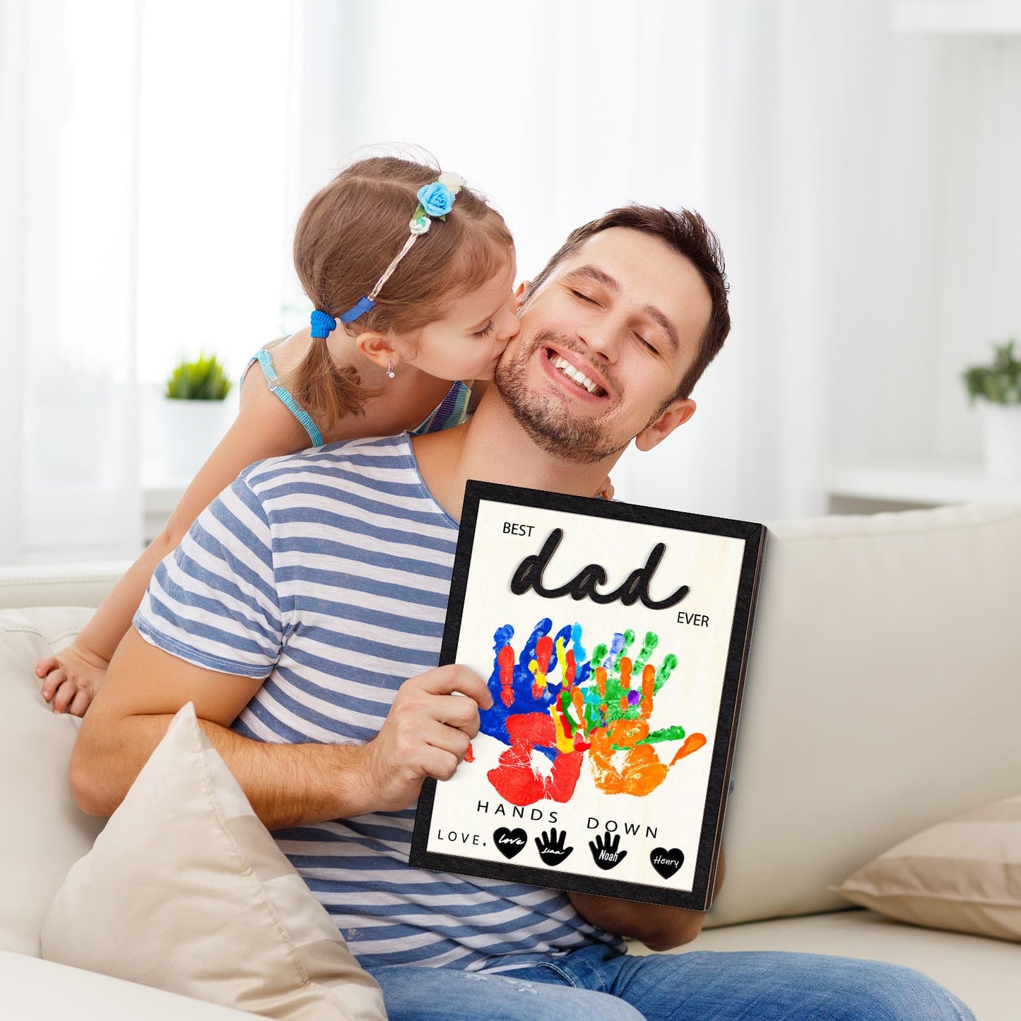 GTYRERO 12'' Best Dad Ever Hands Down Craft Kit Gifts Ideas for Dad, DIY Handprint Art Craft Frame with Paints & Accessories Wood Family Sign Keepsake for Grandpa Stepdad Daddy Papa Birthday Gifts