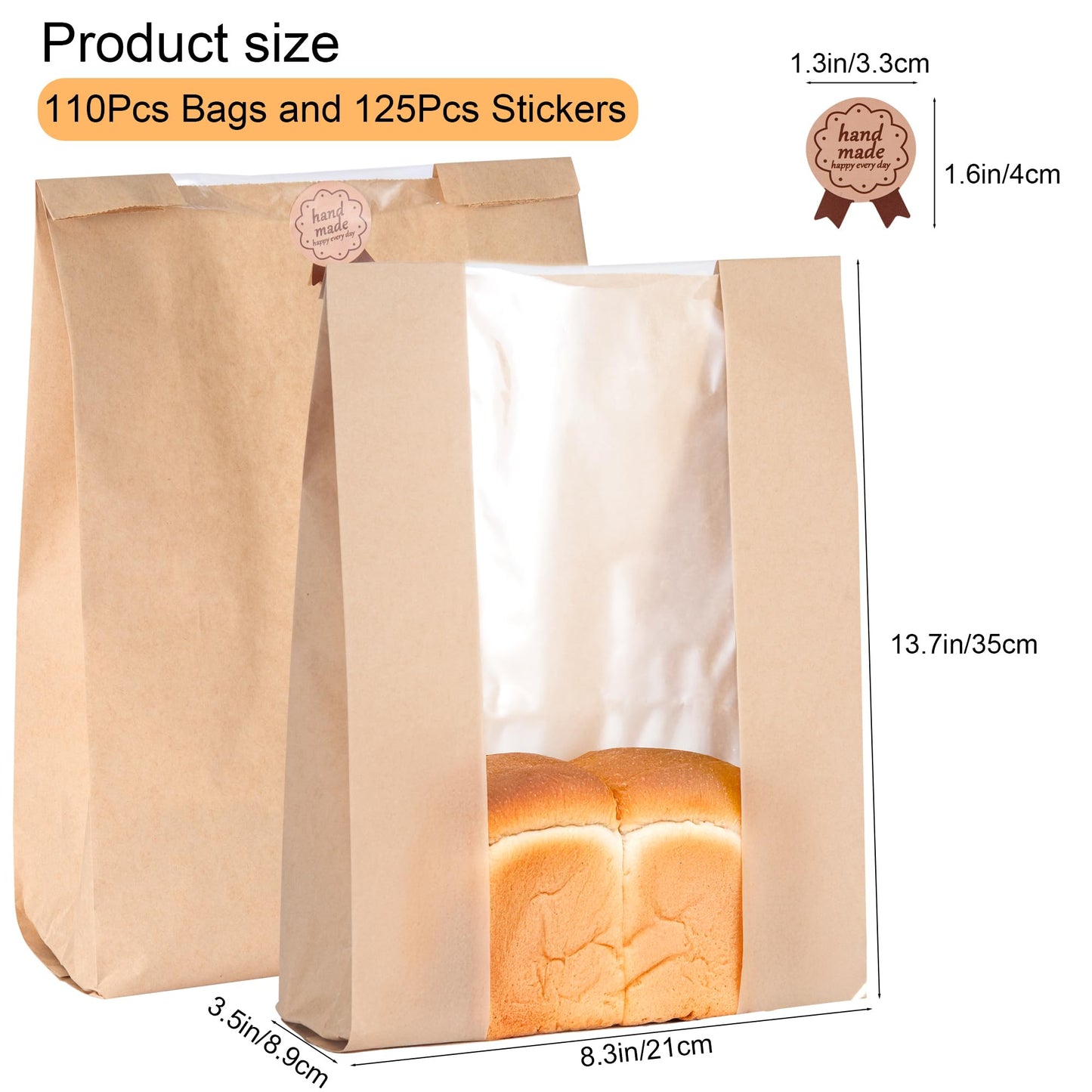 110 Pack Bread Bags for Homemade Bread 13.8" x 8.3" x 3.55",Sourdough Paper Bread Bags With Window,125 sealing stickers A Large Bakery Bags Used for Storage Bread Cookies & Snacks