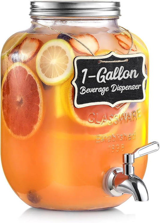 1 Gallon Glass Beverage Dispenser, 18/8 Stainless Steel Spigot and Lid, Glass Drink Dispensers for Parties, Mason Jar Drin...