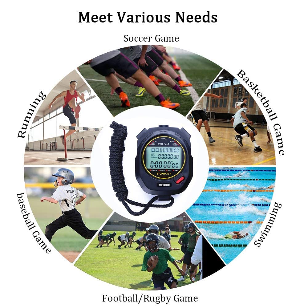 PULIVIA Sports Stopwatch Timer 100 Lap Split Memory Digital Stop Watch, Countdown Timer Pace Mode 12/24 Hour Clock Calendar with Alarm, 3 Rows Display Large Screen Water Resistant Battery Included