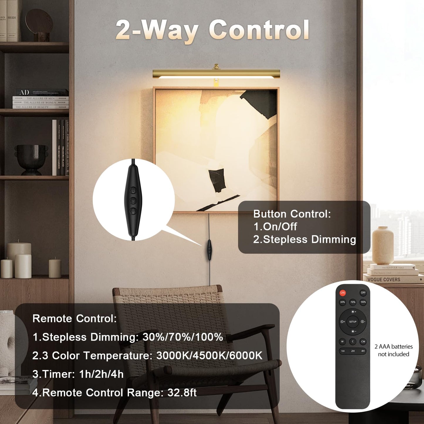 Coinmit Picture Lights for Paintings Plug in, 16" Adjustable LED Gold Picture Light Art Light, Remote Control Gallery Painting Wall Light for Picture Display Dartboard Art Work (Gold)