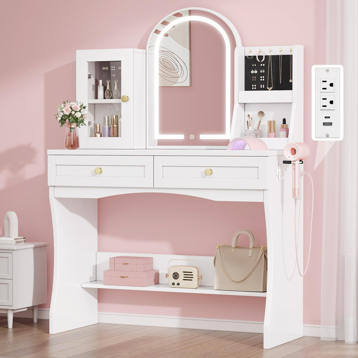 DWVO Makeup Vanity with Mirror and Lights, Makeup Vanity with Charging Station, Jewelry Storage Cabinet, Open Shelves