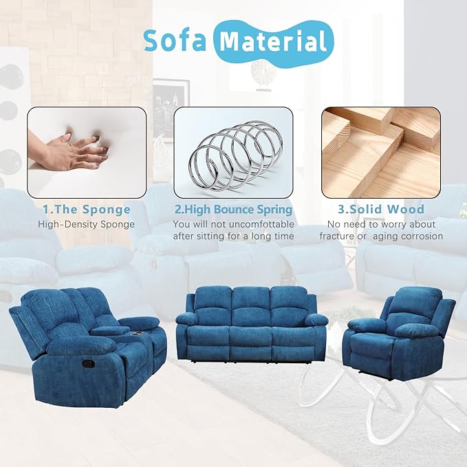 A Ainehome Living Room Furniture Set Recliner Sofa Set Loveseat Chair Furniture Sofa Set for Living Room/Small Space/Rv/House/Office/Theater Seating (A-Blue Microfiber, 3 Piece Set)