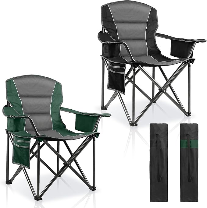 LANMOUNTAIN 2 Pack Padded Oversized Camping Chairs for Adults,Heavy Duty Support 400 Lbs,Folding Portable Lawn Chair w/Cup Holder,Cooler Bag,Side Pocket,Perfect for Outdoor Picnic,Hiking(Black&Green)