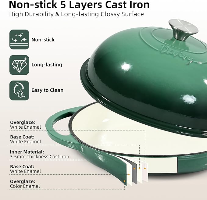 Davivy 6QT Enameled Oval Dutch Oven for Sourdough Bread Baking with Lid, Oval Cast Iron Bread Pan with Silicone Baking Mat, Cast Iron Sourdough Baking Pan - Forest Green