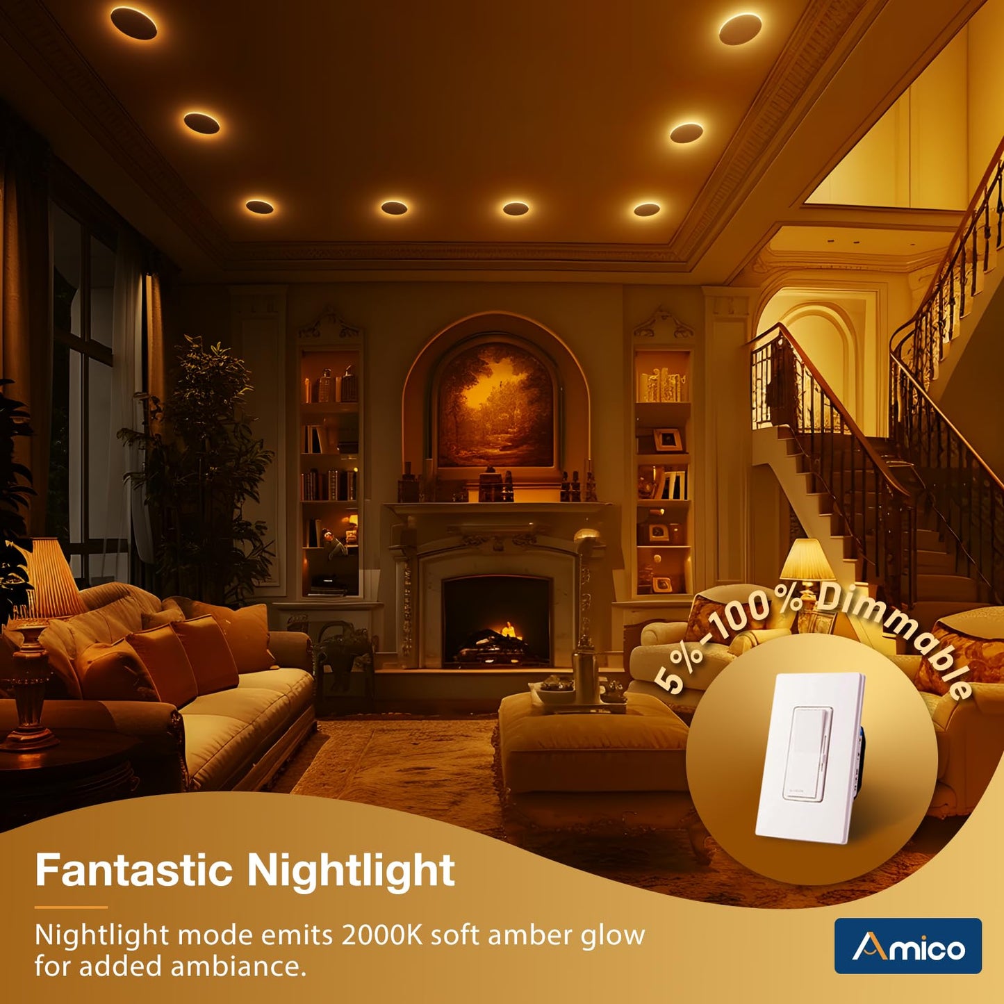Amico 4 Pack 6 Inch 5CCT LED Recessed Ceiling Light with Night Light, 2700K/3000K/3500K/4000K/5000K Selectable Ultra-Thin Recessed Lighting, 12W=110W, 1100LM, Dimmable Canless Wafer Downlight ETL&FCC