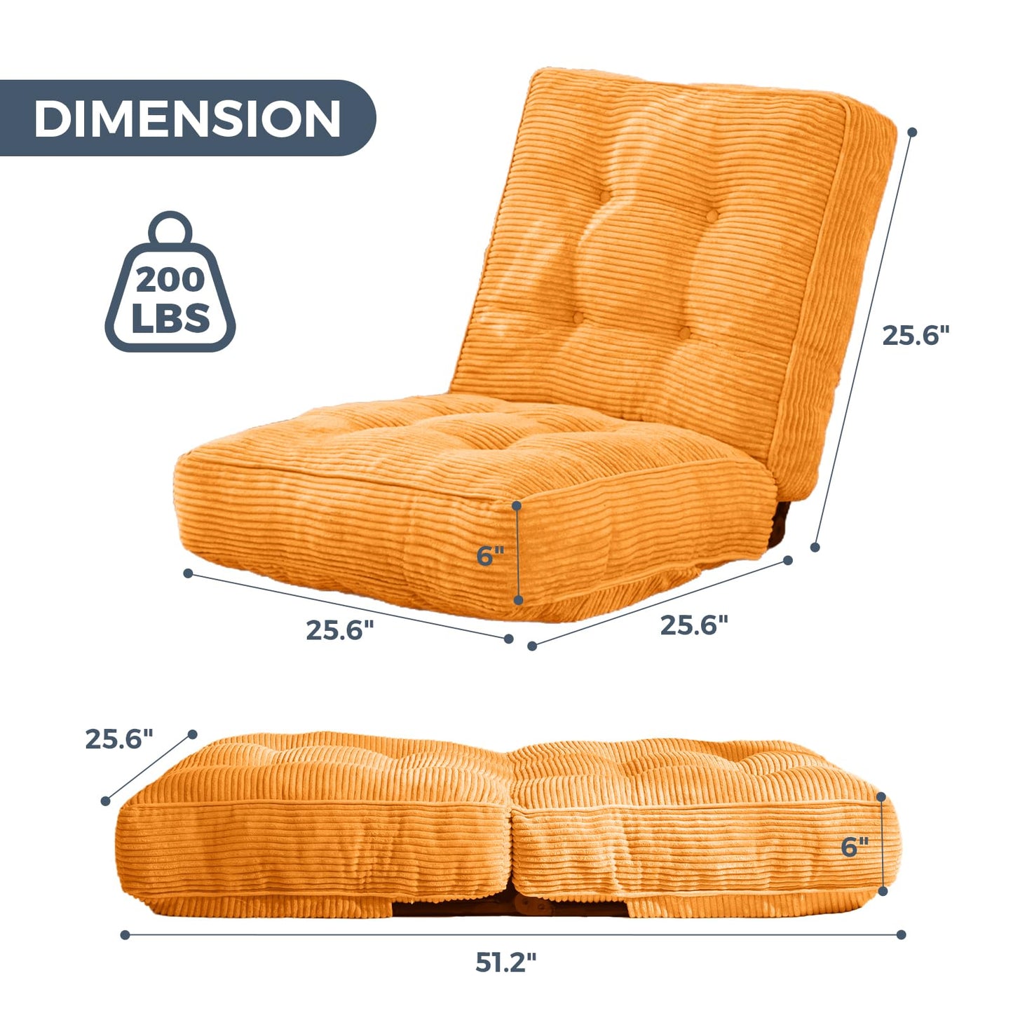 MAXYOYO Adjustable Floor Chair with Back Support, Gaming Floor Meditation Chair with Tufted Cushion, Adults Lounge Couch Folding Sofa Seat for Reading Meditating Sleeping, Orange