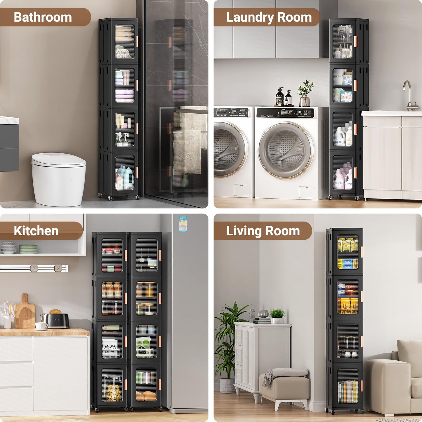 BROVIEW 4-Tier Tall Narrow Storage Cabinet Organizer, Slim Bathroom Cabinets with Doors and Shelves Adjustable, Plastic Kitchen Pantry Organizers and Storages for Small Space, Laundry, Black