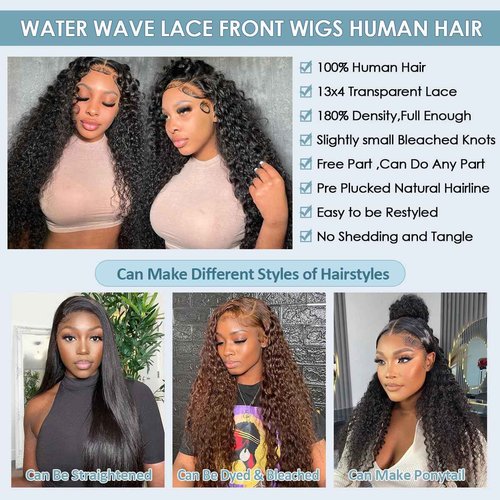 Funky girl Water Wave 13x4 HD Lace Front Wigs Human Hair 180 Density Wet And Wavy Human Hair Wig Pre Plucked Wigs for Woman With Baby Hair Natural Black Color 28 Inch