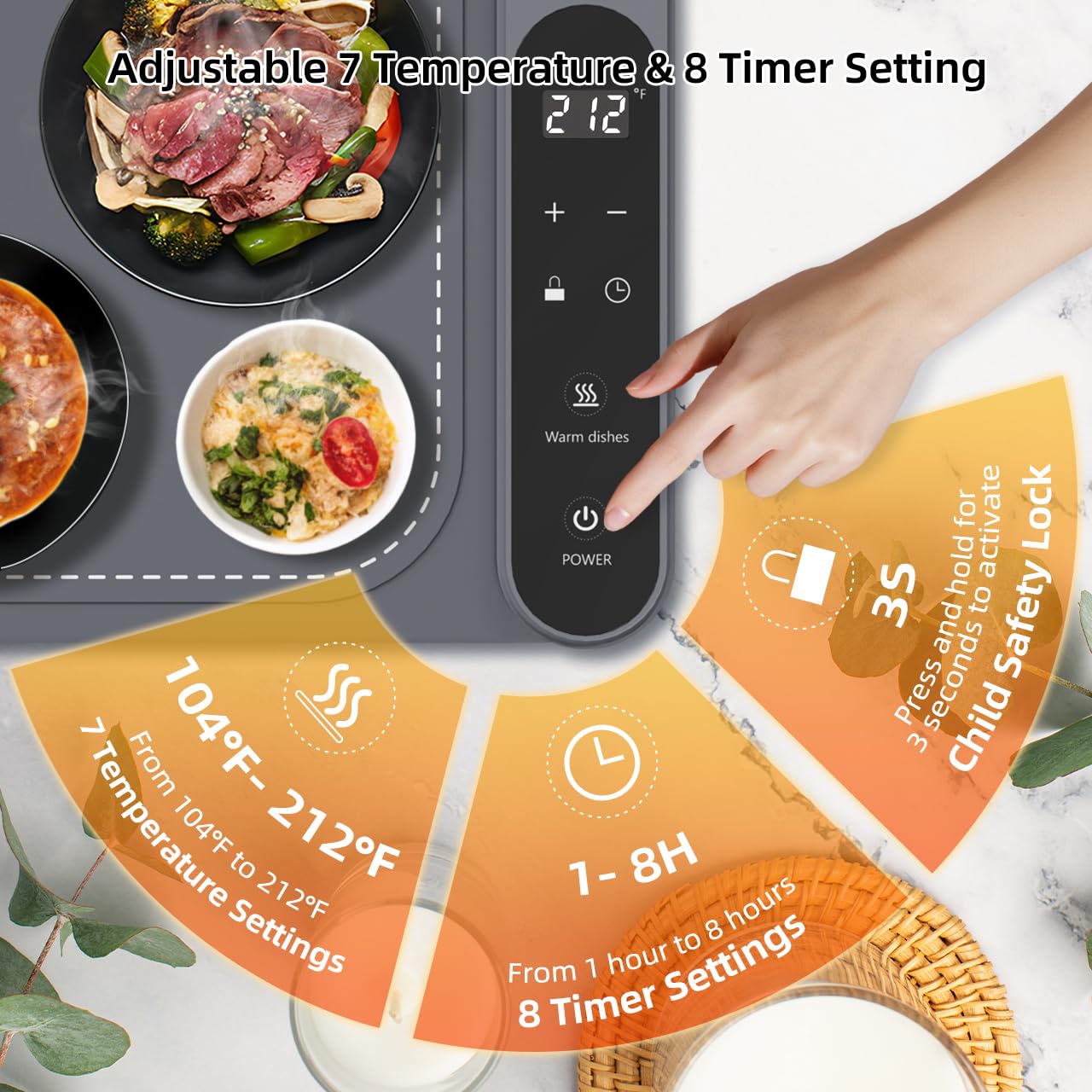 Budsom Food Warming Mat - 8s Fast Heating Electric Warming Tray with 7-Level Temperature & 8-Hour Timer, Roll-Up Portable Food Warmer for Home Dinner, Party, Travel, Outdoor Picnic (Standard)
