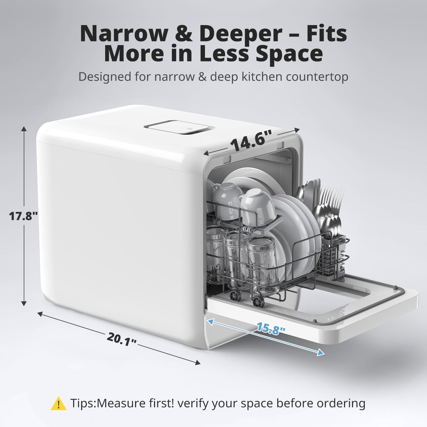AIRMSEN Portable Countertop Dishwasher with 5L Water Tank, Mini Dishwasher with 14.6” Narrow & 20.1“ Deep Design, 9 Programs, 24H Delay Start & 360° Dual Spray, No Hookup Needed, C01, White