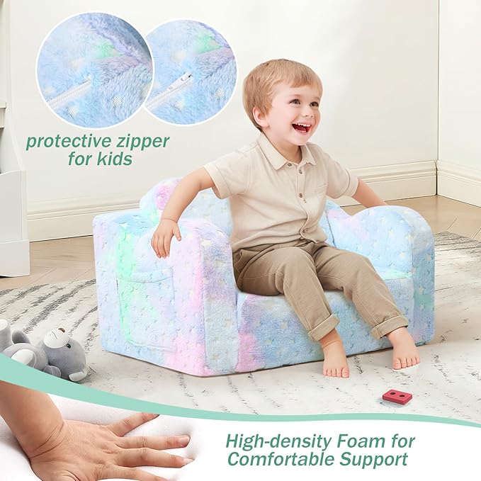 MeMoreCool Folding Toddler Chair, Soft Plush Fold Out Kids Couch Sofa Glow in The Dark, Comfy Baby Recliner for Girls Boys (Blue Galaxy)