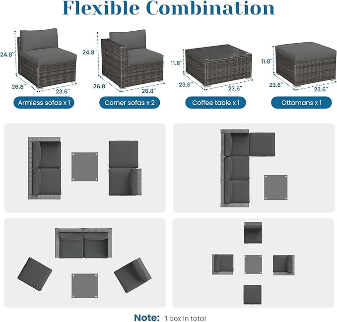May in Color Outdoor Patio Furniture Set, Rattan Outdoor Sectional Furniture, Patio Conversation Sets for Balcony, Porch, Backyard, Deck, Garden, Dark Grey
