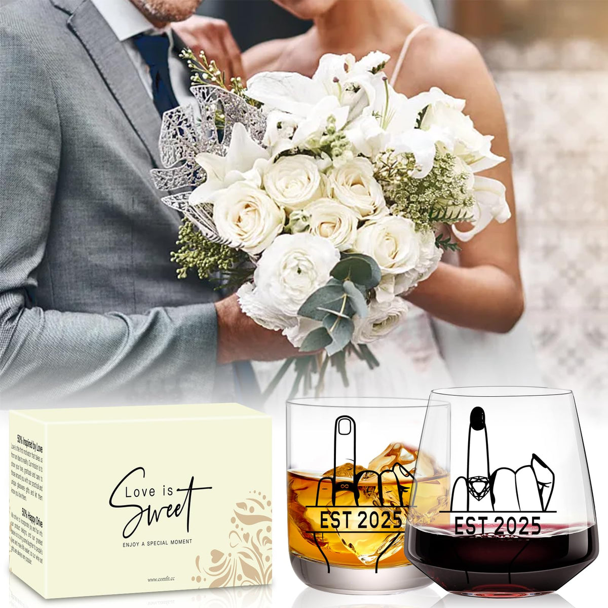 comfit Engagement Gifts for Couples 2025 - Bridal Shower Gift - Wedding Gifts for Couples, His and Hers, Newlywed - Wine&Whiskey Glass for Mr and Mrs