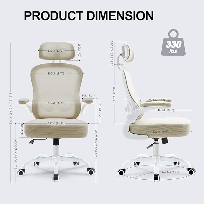 TUKAKA Ergonomic Office Chair,Ultra Thick Office Desk Chair with Adjustable Lumbar Support and Headrest,Spring Cushion,Rocking Function,Flip-up arms,Mesh Computer Chair for Home Office,Khaki