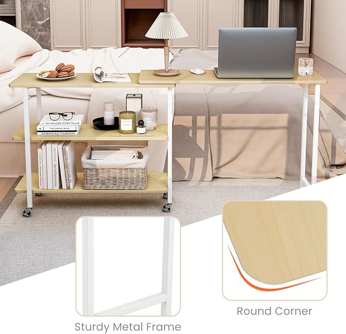 Giantex 360° Free Rotating Sofa Side Table, Mobile L-Shaped Laptop Desk with Sturdy Metal Frame, 6 Universal Casters, Movable Couch Snack Table with 2-Tier Storage Shelf for Home (Natural Maple)