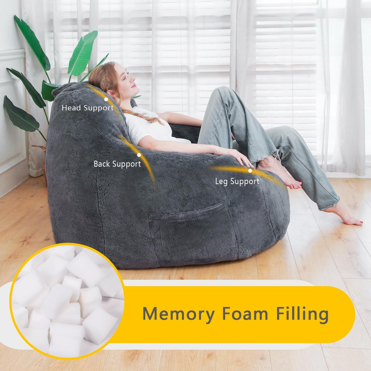 GOHOROS Giant Bean Bag Chair, Oversized Bean Bag Chairs for Adults and Kids, Gaming Chair Stuffed Memory Foam | Storage | Non-Slip, Removable Bean Bag Sofa Comfy Chair for Bedroom, Livingroom (Grey)