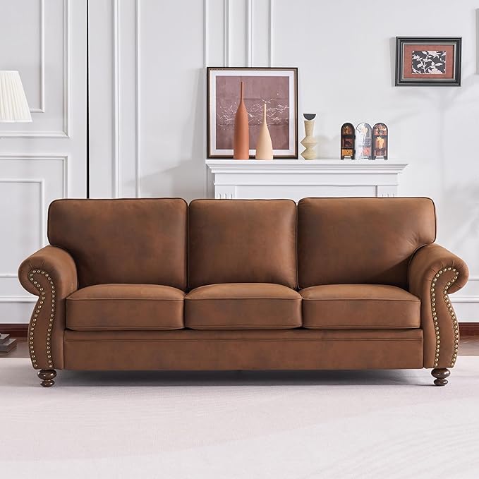 Couchus Mid-Century Vintage Sofa Couches with Rivet Design,3-Seater Sofa,Removable Sofa Cover Upholstered Cushions and Solid Wood Frame (Caramel, 3-Seater)