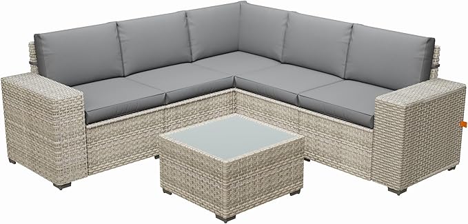 Broivira 6 Piece Patio Furniture Set, 9.8" Wide Arm Sectional Sofa with Storage Armrests, All-Weather Rattan Outdoor Conversation Set for Garden, Porch, Lawn, Backyard, Balcony, Grey