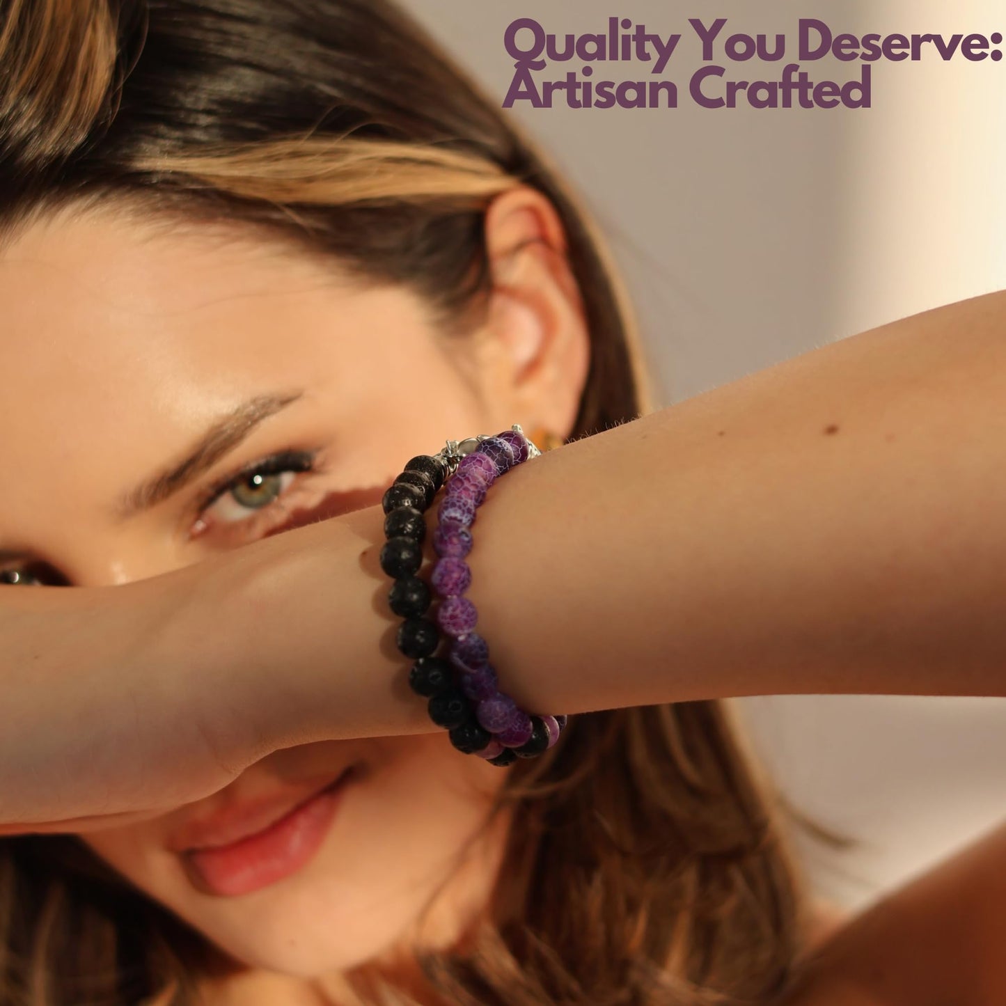 Set Of 2 Matching Couple Bracelets Magnetic Heart - Stone Beads, Stretch, Unisex Anniversary, Express Love, Valentine, Long Distance, Christmas Gift (Lava+Purple Weathered, With Luxury Giftbox)
