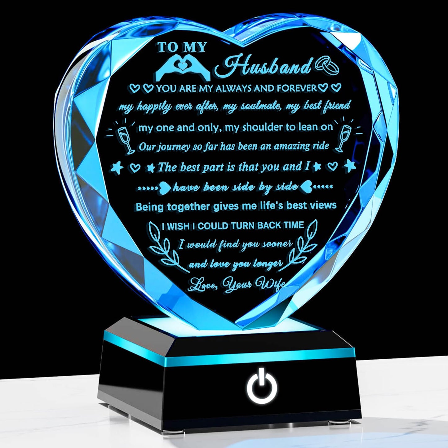 YWHL Gifts for Husband from Wife with Colorful LED Base Anniversary Birthday Gifts for Husband to My Husband Crystal Heart Keepsake I Love You Gifts for Him on Valentine Christmas Fathers Day