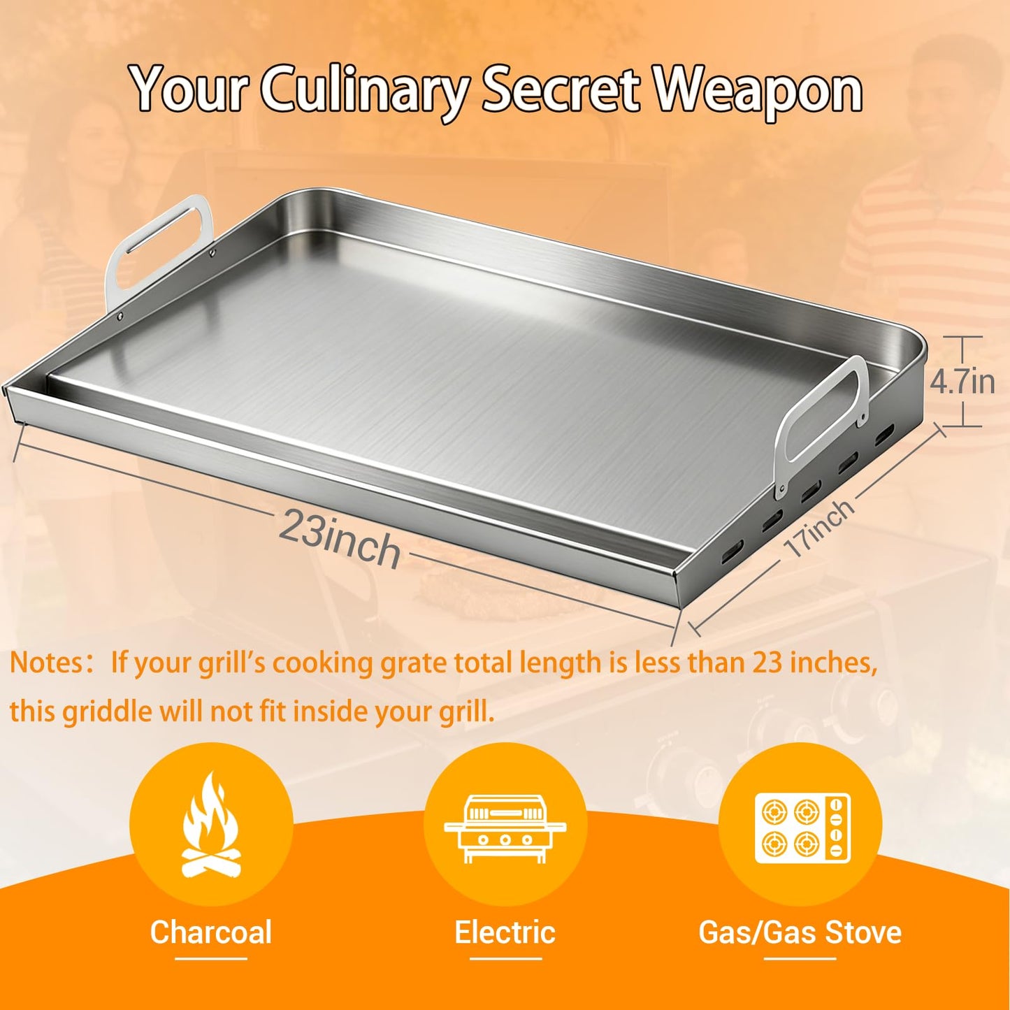 Universal Stainless Steel Griddle For Gas Grill And Gas Stove, 23” X 17” Flat Top Griddle With Handle For Weber, Nexgrill, Charbroils And Kenmore, Gas Griddle For Tailgating, Camping, And Party