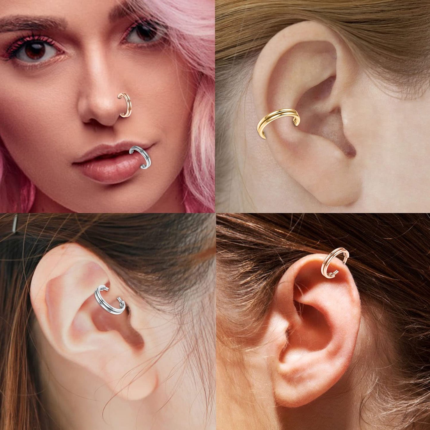 PEAKLINK Cartilage Piercing Jewelry 16G Double Stacked Septum Helix Earrings Surgical Steel Silver Conch Hoop 8mm Tragus Lobe No