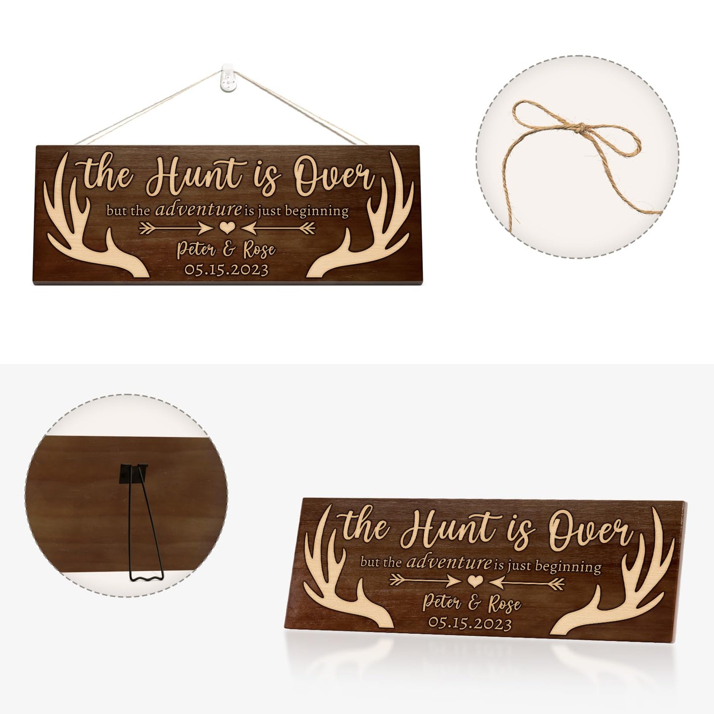 Bemaystar Personalized Name Deer Antlers Wedding Gift-Custom Date/Name Wooden Signs, The Hunt is Over,For Unique Anniversary Keepsakes, Wedding Gifts For Couple, Bridal Shower Gifts,15" x 6"