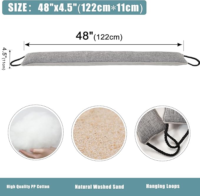 Marwood Under Door Draft Stopper 48 inch Wind Stopper for Door & Window, Weighted French Air Draft Stopper Front Door Snake Noise Blocker for Bottom of Door with Hanging Loops - Grey