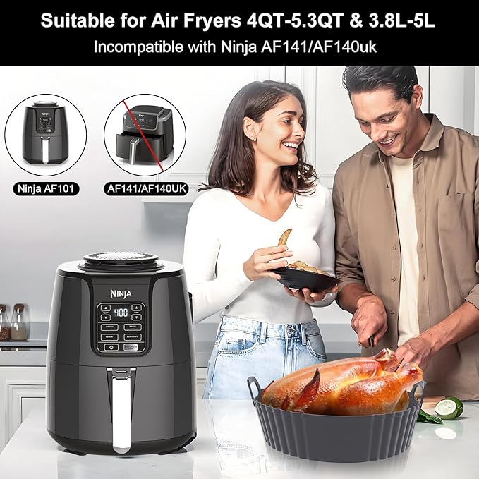 Round Silicone Air Fryer Liners 3Pack, Ninja AF101 & AF161 Silicone Liners for 4-5.3QT, Reusable Air Fryer Accessories Food Grade Liners, Compatible with Ninja, COSORI, Tefal, Bear, Chefman