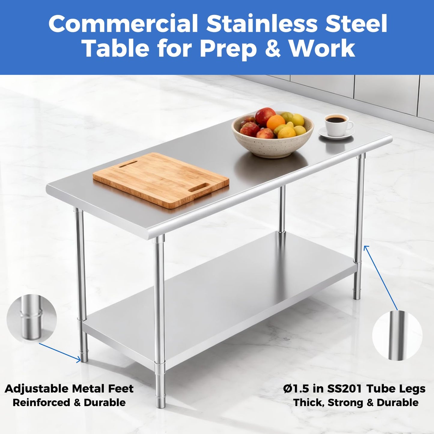 OSTBA Stainless Steel Table for Prep & Work 24x24 Inches, NSF Metal Commercial Heavy Duty Table with Adjustable Undershelf and Adjustable Foot for Restaurant Kitchen Home and Hotel