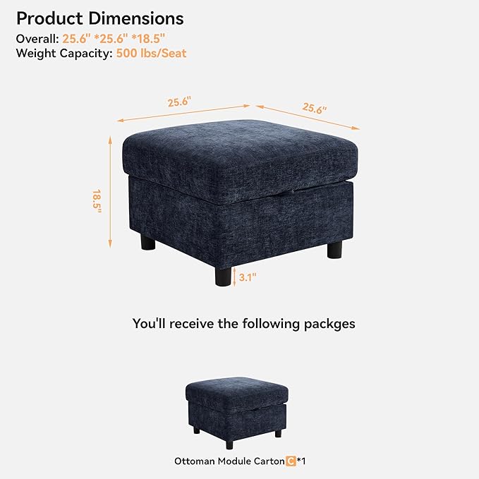 WUTUTUEE 25'' Square Storage Ottoman Module for Modular Sectional Sofa, Living Room Coffee Table Sectional Ottoman Footrest for Convertible Couch, Chenille Navy