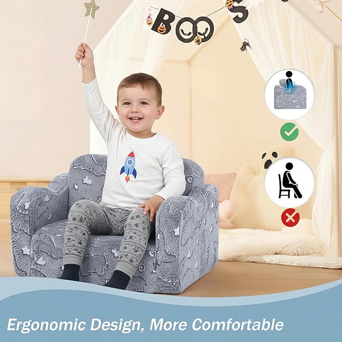 MeMoreCool Kids Dinosaur Couch – Foldable Toddler Chair, Glow-in-The-Dark Flip-Out Sofa, Convertible Lounge Seat for Boys Ages 1–3, Plush Fold-Out Kids Lounger with Washable Cover (Gray)