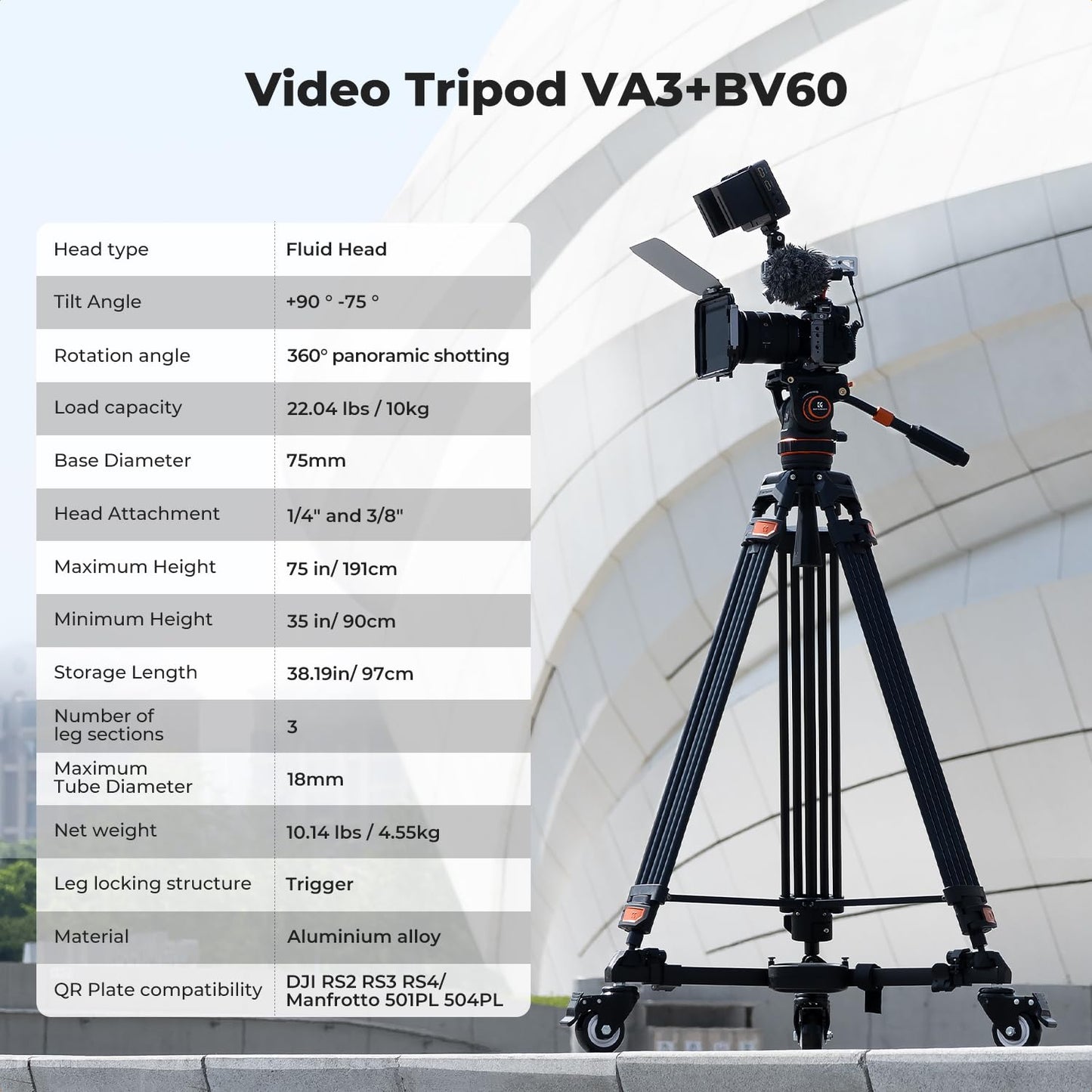 K&F CONCEPT 75" Video Tripod, Heavy Duty Camera Tripod Stand with Fluid Head Damping Adjustable, Load up to 22lb, QR Plate Compatible with Canon Nikon Sony and Other DSLR Camcorder