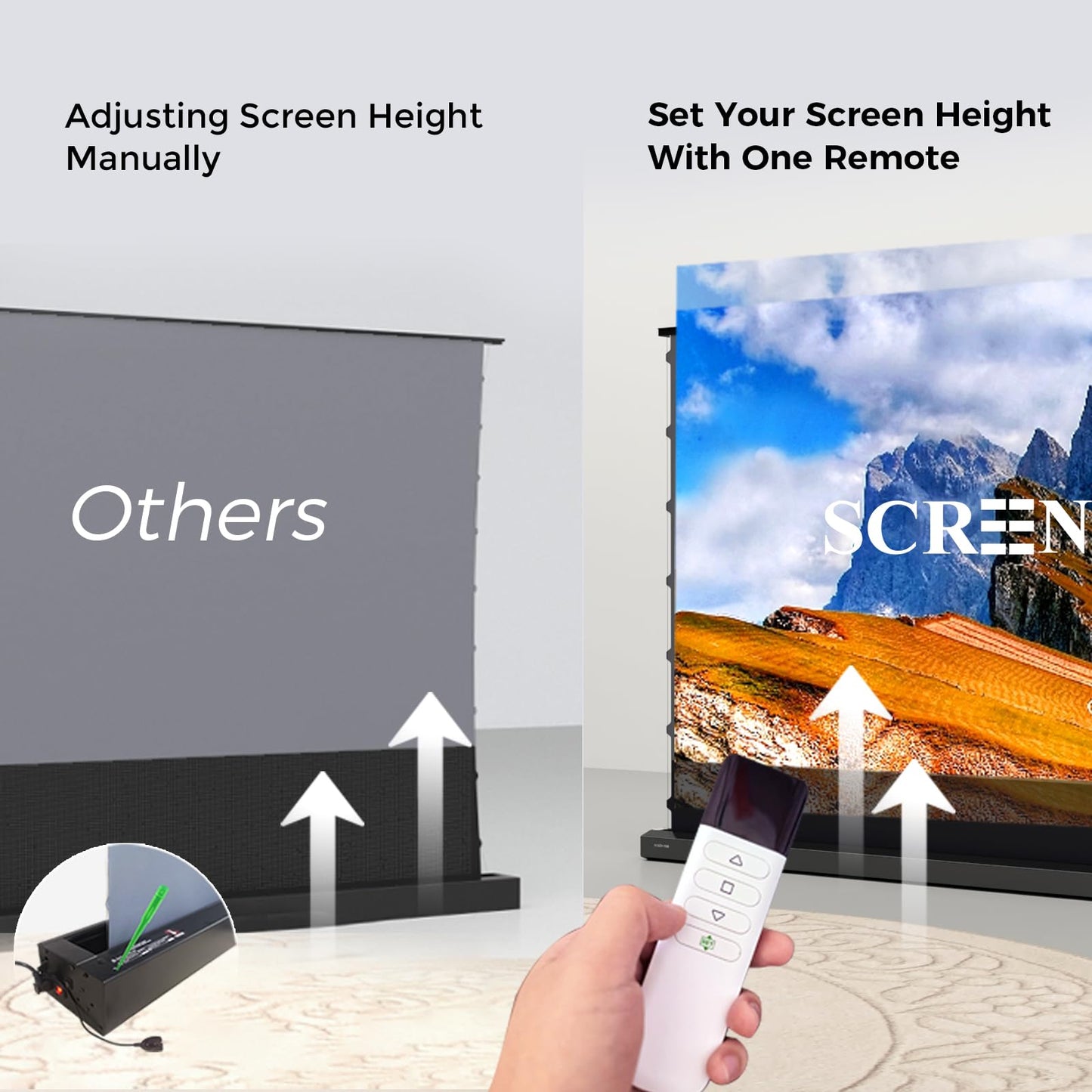 SCREENPRO Tensioned Floor Rising Projector Screen 150 inch, Motorized ALR Projector Screen with Remote, 16:9 Electric Home Theater Screen for 4K Projectors