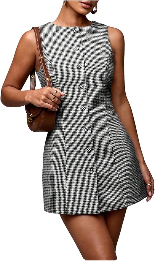 SOLY HUX Women's Plaid Button Down Dress Crew Neck Sleeveless Tie Back Work Office Mini Dresses