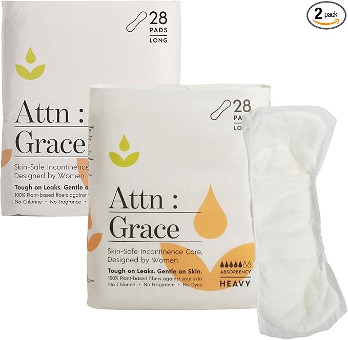 Attn: Grace Heavy Incontinence Pads for WomenWomen 2-Pack (56 Pads Total / 28 per Pack) - High Absorbency for Sensitive Skin - Protection for Heavy Bladder Leakage/Discreet, Breathable, & Plant-Based