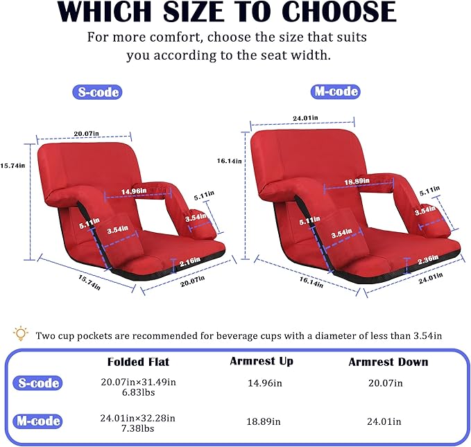 Anmiro Stadium Seats with Back Support Bleacher Chairs with Back and Extra Wide Cushion Thick Padded Bleacher Portable Reclining Seats for Football, Baseball and Basketball (Red, Medium)