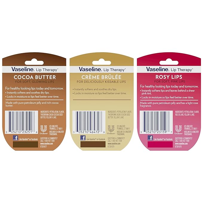 Vaseline Lip Therapy Variety 3-Pack – Crème Brûlée, Rosy Lips, Cocoa Butter Mini Lip Balms for Soft, Glowing, and Deliciously Kissable Lips, 0.25 Oz Ea