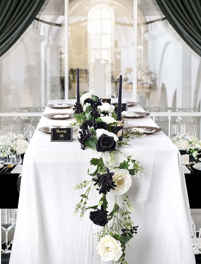 DearHouse 2Pcs Artificial Peony Flower Garland - Silk Peony Garland with Black White Flowers for Wedding Party Table Decoration,6ft/Strand (2, White & Black)