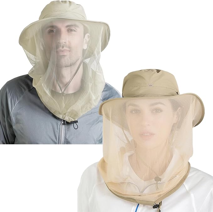 Peicees 2Pcs Head Net Hats for Men Women Adventure Fishing Hat Safari Hat for Hunting Camping Hiking, Beige and Khaki