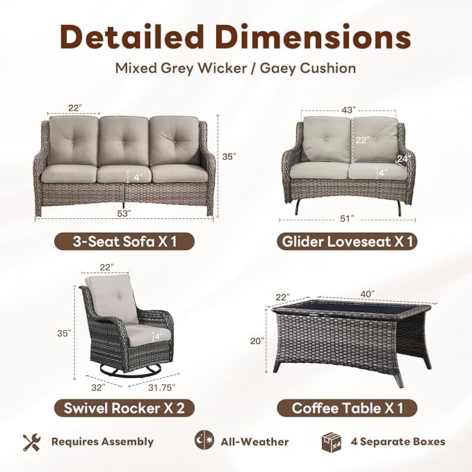 Belord 5 Piece Outdoor Patio Furniture Set - Outdoor Conversation Couch and Loveseat Glider Chair Furniture Set with Rattan Coffee Table for Deck Balcony Poolside Gray Wicker/Grey Cushions