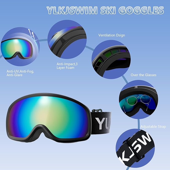 Ski Goggles for Men Women, OTG Snow Goggles, UV Protection Snowboard Goggles for Adult & Youth, Snowmobile, Sledding