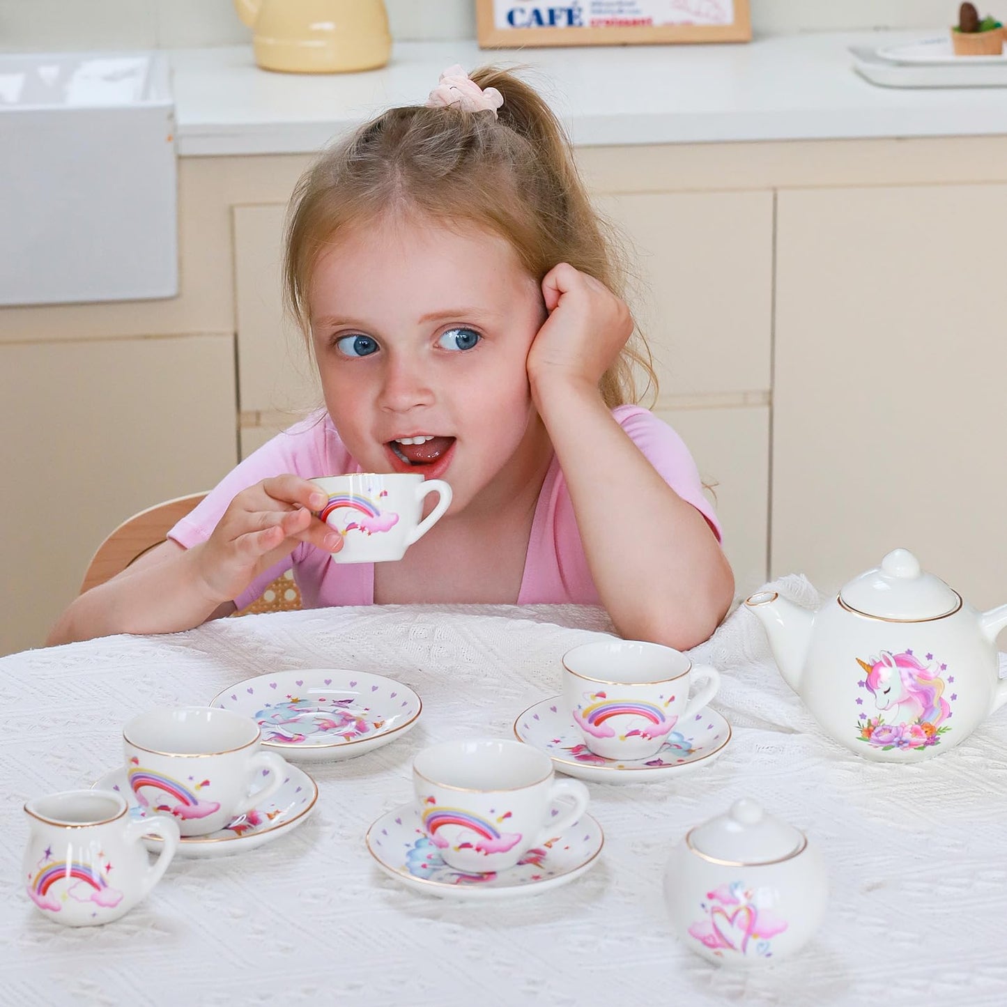 Tacobear Porcelain Tea Set for Girls Toys Unicorn Gift, 13pcs Tea Party Set with Teapot & Cup & Saucer & Suitcase, Kid Kitchen Pretend Playset Birthday Unicorn Toys for Girls 3 4 5 6-8