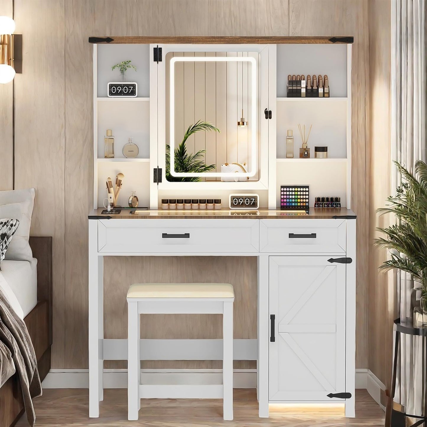 GlasFlength Farmhouse Makeup Vanity with Lighted Mirror,Vanity Desk with Charging Station,Vanity Table with Hidden Jewelry Cabinet,40'' Makeup Table with Glass Tabletop,Stool Included,Vintage White
