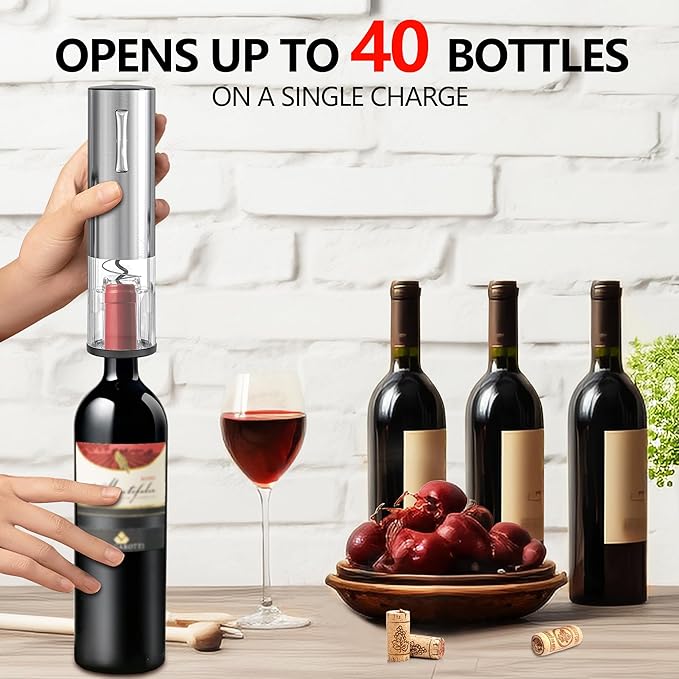 4-in-1 Rechargeable Electric Wine Opener Wine Aerator Gift Set with Electric Wine Decanter, Wine Stopper, Foil Cutter, Automatic Electric Wine Bottle Opener for Home Bar Parties, Stainless Steel