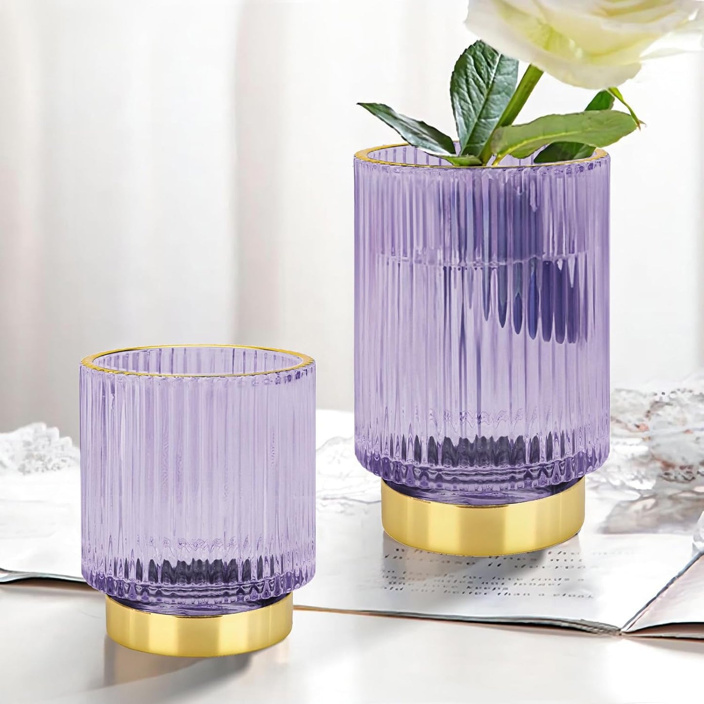DASITON Makeup Brush holder Organizer,Crystal Cosmetic Makeup Brush Glass Brushes Storage Holder, Vintage Make Up Brush Cup Pen Pencil Holder striped vase(Purple S)