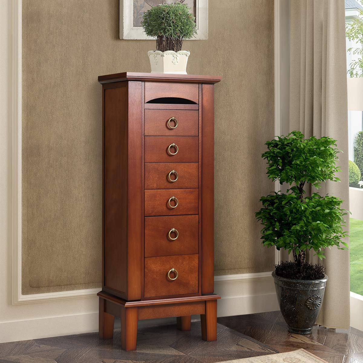 HOMGX 6 Drawers Jewelry Armoire Cabinet, Standing Jewelry Storage Chest with Mirror, 8 Necklace Hooks Wooden Jewelry Organizer, Bedroom Extra Capacity Jewelry Furniture, Walnut